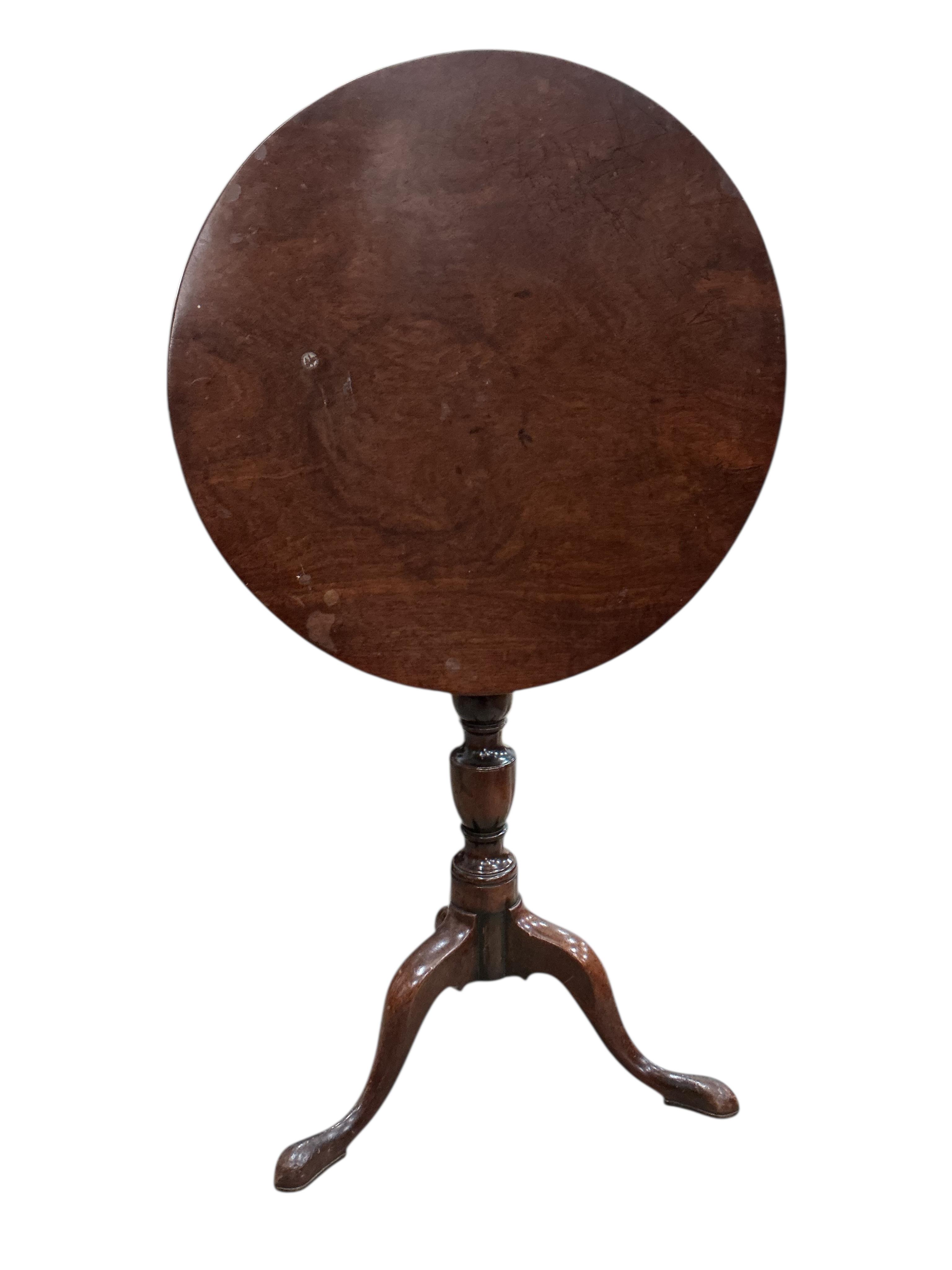 A George III mahogany circular tilt top birdcage tea table, diameter 70cm, height 72cm together with a similar smaller wine table